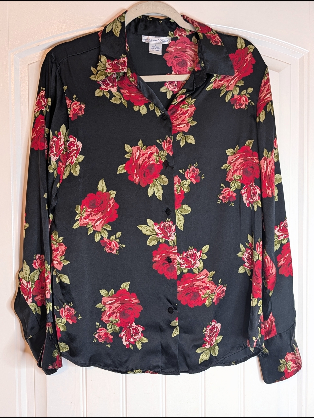 Anna and Frank Vintage Silk Rose Floral Patterned Long Sleeve Button Down Shirt